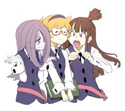 Rule 34 | &gt;:o, 10s, 3girls, :o, angry, blonde hair, book, brown hair, closed eyes, freckles, girl sandwich, glasses, hairband, highres, holding, holding book, kagari atsuko, little witch academia, long hair, lotte jansson, momo (higanbana and girl), multiple girls, open mouth, pale skin, pink hair, ponytail, red eyes, sandwiched, shirt, short hair, shrugging, simple background, sucy manbavaran, upper body, v-shaped eyebrows, vest, white background