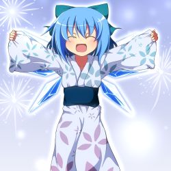 Rule 34 | 1girl, alternate costume, blue hair, blush, bow, cirno, collarbone, do (4-rt), closed eyes, fireworks, floral print, hair bow, ice, ice wings, japanese clothes, kimono, long sleeves, open mouth, outstretched arms, sash, short hair, smile, solo, touhou, wide sleeves, wings