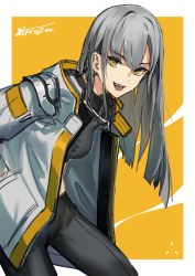 Rule 34 | 1girl, :d, absurdres, artist name, black pants, black shirt, breasts, crop top, fixro2n, grey hair, grey jacket, hair between eyes, highres, jacket, leaning forward, long hair, looking at viewer, medium breasts, midriff, open clothes, open jacket, open mouth, original, pants, pantyhose, shirt, signature, smile, solo, two-tone background, white background, yellow background, yellow eyes