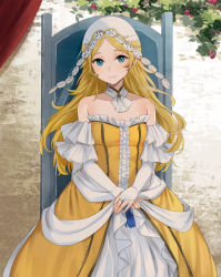 Rule 34 | 1girl, adapted costume, alternate costume, alternate hairstyle, bare shoulders, blonde hair, blue eyes, breasts, bridal gauntlets, collarbone, detached collar, dress, elbow gloves, fire emblem, fire emblem awakening, gloves, haru (nakajou-28), highres, lissa (fire emblem), long dress, long hair, looking at viewer, nintendo, small breasts, smile, solo, stone wall, strapless, strapless dress, tree, wall, white gloves, yellow dress