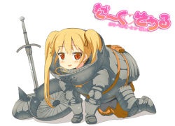 Rule 34 | 1girl, armor, artist request, blonde hair, blush, dark souls (series), dark souls i, female focus, from software, full body, orange eyes, sieglinde of catarina, solo, sword, text focus, translation request, twintails, weapon, white background