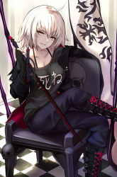 Rule 34 | 1girl, ahoge, banner, black footwear, black gloves, black jacket, black pants, black shirt, boots, breasts, buckle, casual, chair, checkered floor, cleavage, clothes writing, collarbone, cross-laced footwear, crossed legs, elbow gloves, fate/grand order, fate (series), fingerless gloves, gloves, grin, hair between eyes, highres, holding, holding sword, holding weapon, jacket, jeanne d&#039;arc (fate), jeanne d&#039;arc alter (avenger) (fate), jeanne d&#039;arc alter (fate), knee boots, lace-up boots, long sleeves, looking at viewer, medium breasts, medium hair, off shoulder, open clothes, open jacket, pale skin, pants, parted lips, shigure s, shirt, sitting, skull, smile, solo, sword, unzipped, weapon, white hair, yellow eyes, zipper