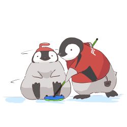 Rule 34 | animal, animal focus, bird, clothed animal, commentary request, curling, curling broom, curling stone, highres, ice, motion lines, no humans, original, penguin, red shirt, shirt, short sleeves, sitting, standing, tama (tama-s), white background