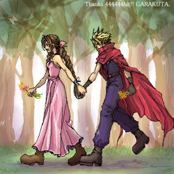 Rule 34 | 2000s (style), aerith gainsborough, bare arms, belt, blonde hair, blue pants, blue shirt, boots, bracelet, braid, brown hair, cloak, cloud strife, curly hair, dress, final fantasy, final fantasy vii, flower, forest, garakuta (chika), gloves, holding, holding flower, holding hands, jewelry, kingdom hearts, long dress, long hair, lowres, nature, outdoors, pants, pink dress, red cloak, ribbon, shirt, spiked hair, square enix, walking