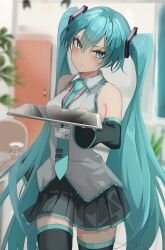 Rule 34 | 1girl, armpit crease, bare shoulders, black skirt, black sleeves, black thighhighs, blue eyes, blue hair, blue necktie, blush, collared shirt, commentary request, cowboy shot, detached sleeves, frilled shirt, frills, grey shirt, hatsune miku, highres, holding, holding tablet pc, id card, incoming gift, indoors, kawasuru (15miclon), lanyard, long hair, looking at viewer, miniskirt, necktie, pleated skirt, shirt, sidelocks, skirt, sleeveless, sleeveless shirt, solo, tablet pc, thighhighs, tie clip, twintails, v-shaped eyebrows, very long hair, vocaloid, zettai ryouiki