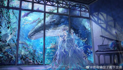 Rule 34 | 1girl, absurdres, black crown (object), blue dress, blue hair, blue sleeves, bubble, closed eyes, commentary, coral, crown, dress, fish, from behind, full body, hand on window, highres, indoors, instrument, long dress, long hair, long sleeves, original, piano, plant, potted plant, qingyu tongguo le dixia jiao yi, sample watermark, symbol-only commentary, very long hair, watermark, weibo logo, weibo watermark, whale, wide sleeves, window