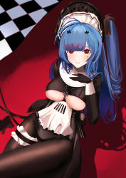 Rule 34 | 1girl, absurdres, azur lane, black dress, black gloves, blue hair, bodystocking, breasts, checkered floor, cleavage, clothing cutout, dress, from above, gloves, hand on own chest, highres, large breasts, long hair, looking at viewer, looking up, maid headdress, marco polo (azur lane), marco polo (the queen of hearts) (azur lane), official alternate costume, ram (404272725), red carpet, red eyes, solo, underboob, underboob cutout