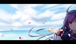Rule 34 | 10s, 1girl, ahoge, ayatsuri-doll, black hair, cloud, cloudy sky, crescent, crescent pin, day, gloves, kantai collection, letterboxed, long hair, looking at viewer, mikazuki (kancolle), ocean, open mouth, out of frame, petals, pov, pov hands, sky, solo focus, tears, white gloves, yellow eyes