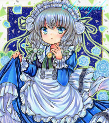 Rule 34 | 1girl, :o, apron, blue background, blue dress, blue eyes, blue flower, blue rose, blush, border, bow, braid, brooch, cowboy shot, dress, flower, frilled apron, frilled shirt collar, frilled sleeves, frills, green bow, green outline, green ribbon, hair bow, hair flower, hair ornament, hair ribbon, hand up, izayoi sakuya, jewelry, juliet sleeves, long sleeves, looking at viewer, maid, maid apron, maid headdress, marker (medium), medium hair, neck ribbon, outline, outside border, petals, puffy sleeves, ribbon, rose, rui (sugar3), sample watermark, shikishi, silver hair, skirt hold, solo, standing, touhou, traditional media, twin braids, waist apron, watermark, white apron, white border, white flower, white rose