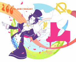 Rule 34 | 1boy, amemiya saiga, anniversary, blue eyes, blue hair, cloud, feathers, frederic chopin, grand piano, hat, instrument, male focus, matching hair/eyes, musical note, petals, piano, rainbow, solo, top hat, trusty bell