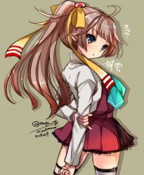 Rule 34 | 1girl, arms behind back, artist name, blazer, brown hair, cowboy shot, dated, from behind, gouda nagi, green eyes, grey background, grey thighhighs, hair ribbon, highres, jacket, kantai collection, kazagumo (kancolle), kazagumo kai ni (kancolle), long hair, looking at viewer, looking back, ponytail, ribbon, simple background, solo, standing, thighhighs, twitter username