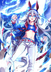 Rule 34 | 1girl, animal ears, belt, blue belt, blue eyes, blue hairband, blue jacket, blue shirt, blush, breasts, capri pants, check commentary, clenched hands, collarbone, commentary request, cowboy shot, crop top, debris, ear ornament, electricity, fang, fingerless gloves, gloves, glowing, glowing eyes, hair between eyes, hairband, hands up, headband, hero (10cl3), highres, horse ears, horse girl, horse tail, jacket, lightning, lightning bolt print, long hair, long sleeves, looking at viewer, midriff, navel, official alternate costume, open clothes, open jacket, open mouth, pants, red belt, red headband, shirt, sidelocks, silver hair, small breasts, solo, standing, tail, tamamo cross (umamusume), umamusume, white gloves, white pants, zipper, zipper pull tab
