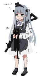 Rule 34 | 1girl, ?, aged down, alternate costume, animal, apron, assault rifle, bad id, bad twitter id, bandaid, bandaid on knee, bandaid on leg, black apron, black bow, black cat, black footwear, blunt bangs, blush, bow, bowtie, bug, butterfly, cat, checkered clothes, checkered neckwear, closed mouth, commentary request, dress, girls&#039; frontline, green eyes, grey legwear, gun, h&amp;k hk416, hair bow, hair ornament, hair ribbon, hat, hk416 (black kitty&#039;s gift) (girls&#039; frontline), hk416 (girls&#039; frontline), holding, holding animal, holding cat, insect, long hair, long sleeves, mini hat, official alternate costume, over shoulder, ribbon, rifle, shadow, sidelocks, silver hair, simple background, sketch, socks, sparkle, standing, tattoo, translation request, two side up, unfinished, weapon, weapon over shoulder, white background, white dress, yuki hotaru