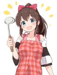 Rule 34 | 1girl, :d, apron, bare shoulders, blue eyes, blush, bow, brown hair, collarbone, hair between eyes, hair bow, head tilt, high ponytail, holding, idolmaster, idolmaster million live!, ladle, long hair, looking at viewer, off-shoulder shirt, off shoulder, open mouth, pink apron, plaid, plaid apron, ponytail, red bow, satake minako, shirt, short sleeves, simple background, smile, solo, striped clothes, striped shirt, tadanoshi kabane, white background