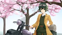 Rule 34 | 1girl, androgynous, aya mizunami, bedroll, belt, belt buckle, belt pouch, brown belt, brown coat, buckle, cherry blossoms, coat, commentary, cowboy shot, dress shirt, expressionless, fur hat, goggles, goggles on headwear, green eyes, green hat, green jacket, green pants, hair between eyes, hand on handle, hat, hermes (kino no tabi), highres, jacket, kino (kino no tabi), kino no tabi, long sleeves, looking at viewer, motor vehicle, motorcycle, pants, pouch, reverse trap, shirt, short hair, solo, standing, suitcase, thigh gap, tomboy, tree, trench coat, ushanka, white shirt