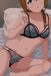 Rule 34 | 1girl, baba konomi, bra, braid, breasts, brown hair, commentary request, green eyes, highres, honokakao, idolmaster, idolmaster million live!, idolmaster million live! theater days, lace, lace-trimmed bra, lace-trimmed panties, lace trim, lingerie, long hair, navel, on bed, out of frame, panties, single braid, small breasts, solo, underwear, underwear only