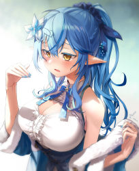 Rule 34 | 1girl, absurdres, ahoge, bare shoulders, blouse, blue bow, blue bowtie, blue coat, blue hair, blue nails, blush, bow, bowtie, braid, breasts, center frills, cleavage, cleavage cutout, clothing cutout, coat, commentary request, corset, elf, flower, frills, fur-trimmed coat, fur trim, hair between eyes, hair flower, hair ornament, hands up, heart, heart ahoge, highres, hololive, kito koruta, large breasts, long hair, looking away, nail polish, off shoulder, open mouth, pointy ears, ponytail, shirt, signature, simple background, sleeveless, sleeveless shirt, snowflake hair ornament, solo, sweat, upper body, virtual youtuber, white flower, white shirt, yellow eyes, yukihana lamy