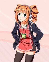Rule 34 | 1girl, bad id, bad pixiv id, black thighhighs, blue eyes, brown hair, collarbone, hair ornament, hands in pockets, headphones, idolmaster, idolmaster (classic), jacket, kiu (dear deer), open clothes, open jacket, open mouth, solo, takatsuki yayoi, thighhighs, twintails