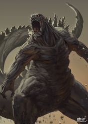 Rule 34 | brown background, commentary request, facing viewer, godzilla, godzilla (series), hanekura bou, muscular, no humans, open mouth, red eyes, signature, standing