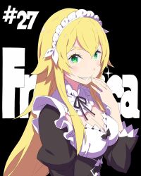 1girl black_background blonde_hair blush breasts cleavage commentary_request dress frederica_baumann green_eyes hand_on_own_face long_hair long_sleeves maid maid_headdress official_art ootsuka_shin&#039;ichirou re:zero_kara_hajimeru_isekai_seikatsu ribbon roswaal_mansion_maid_uniform sharp_teeth simple_background smile solo teeth