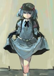 Rule 34 | 1girl, backpack, bag, black gloves, blue dress, blue eyes, blue hair, clothes lift, crossed legs, curtsey, dress, dress lift, gloves, hair bobbles, hair ornament, hat, ichiba youichi, juliet sleeves, kawashiro nitori, key, crossed legs, long sleeves, looking at viewer, matching hair/eyes, puffy sleeves, skirt hold, smile, solo, touhou, twintails, two side up, watson cross