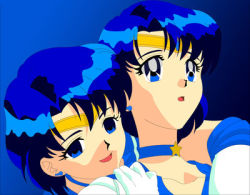 Rule 34 | 1990s (style), 2girls, bishoujo senshi sailor moon, blue background, blue eyes, blue hair, choker, circlet, clone, earrings, elbow gloves, gloves, gradient background, hug, hug from behind, jewelry, lowres, magical girl, mizuno ami, multiple girls, naughty face, neck, necklace, open mouth, retro artstyle, sailor, sailor mercury, selfcest, short hair, smile, star (symbol), star necklace, super sailor mercury, surprised, tiara, upper body, yuri