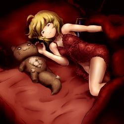 Rule 34 | 1girl, :3, babydoll, bare arms, bare legs, bare shoulders, bed, blonde hair, bottomless, canopy bed, collarbone, flandre scarlet, lifting covers, looking at viewer, lying, nightgown, no panties, on bed, on side, pillow, red babydoll, red eyes, shirosato, solo, stuffed animal, stuffed toy, stuffing, touhou, wings