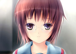 Rule 34 | 1girl, absurdres, brown eyes, female focus, garyljq, glasses, gradient background, highres, nagato yuki, purple hair, school uniform, serafuku, short hair, smile, solo, space, star (symbol), suzumiya haruhi no yuuutsu, universe