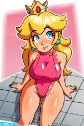 Rule 34 | 1girl, arm support, blonde hair, blue eyes, blush, breasts, covered navel, highres, large breasts, legs, long hair, looking at viewer, mario (series), nintendo, one-piece swimsuit, parted lips, pink lips, pool, princess, princess peach, smile, solo, super mario bros. 1, swimsuit, thighs, water