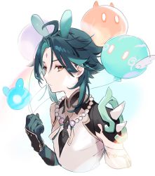 Rule 34 | 1boy, ahoge, animal ears, aqua hair, balloon, bead necklace, beads, black hair, closed mouth, commentary request, cropped torso, facial mark, forehead mark, genshin impact, gloves, holding, holding balloon, jewelry, male focus, multicolored hair, necklace, saku nosuke, seelie (genshin impact), simple background, slime (genshin impact), spikes, tassel, white background, xiao (genshin impact), yellow eyes