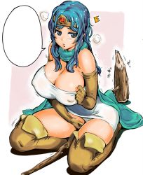 Rule 34 | 1girl, bare shoulders, blank speech bubble, blue eyes, blue hair, boots, breasts, cape, chunsoft, cleavage, dragon quest, dragon quest iii, elbow gloves, enix, enoughmin, covered erect nipples, gloves, huge breasts, kneeling, legs, long hair, matching hair/eyes, no bra, panties, sage (dq3), scarf, solo, speech bubble, staff, thigh boots, thighhighs, thighs, tiara, underwear