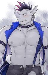 Rule 34 | 1boy, abs, absurdres, animal ear piercing, animal ears, bara, black hair, black pants, blue jacket, blush, collar, crave saga, denim, ear piercing, facial hair, goatee stubble, head tattoo, higemaccho, highres, horns, jacket, jeans, large pectorals, leather, leather jacket, liafail (crave saga), looking at viewer, male focus, mohawk, multicolored hair, muscular, muscular male, nipples, no eyebrows, open pants, pants, pectorals, piercing, red hair, rhino boy, rhinoceros ears, sleeveless, sleeveless jacket, solo, sparse chest hair, spiked collar, spikes, streaked hair, stubble, suspenders, torn clothes, torn jeans, torn pants