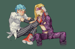 Rule 34 | 2boys, blindfold, blonde hair, blue eyes, blue hair, curly hair, ghiaccio, glasses, highres, iroha741852963, jojo no kimyou na bouken, male focus, melone, multiple boys, pinstripe pattern, red-framed eyewear, shoelaces, shoes, sneakers, striped, vento aureo, wristband