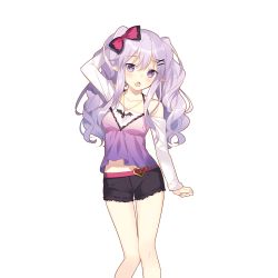 Rule 34 | 1girl, arm behind head, arm up, artist request, bow, clenched hand, collarbone, fang, hair bow, hair ornament, hairclip, halterneck, jewelry, light purple hair, long hair, long sleeves, looking at viewer, miss barbara, necklace, official art, open mouth, pointy ears, purple eyes, shorts, solo, transparent background, twintails, uchi no hime-sama ga ichiban kawaii
