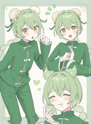 Rule 34 | 1girl, :o, alternate costume, alternate hairstyle, blush, border, braid, bun cover, chinese clothes, closed eyes, double bun, eating, green border, green hair, green jacket, green pants, hair bun, highres, jacket, long sleeves, looking at viewer, notice lines, open mouth, pants, seijyohu, simple background, smile, voicevox, white background, yellow eyes, zundamon