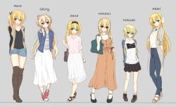 Rule 34 | 6+girls, :d, ahoge, alternate costume, alternate hairstyle, amairo islenauts, arihara nanami, bag, black footwear, black hairband, black shirt, blonde hair, blue eyes, blue jacket, blush, boots, bow, braid, brown eyes, brown footwear, casual, character name, chitose sana, clenched hand, color connection, commentary, company connection, crossover, crown braid, double-parted bangs, dress, empty x embryo, full body, green eyes, green jacket, grey background, hair between eyes, hair bow, hair color connection, hair intakes, hair ribbon, hairband, half updo, hand up, handbag, head tilt, height difference, highres, hirocchi, hood, hooded jacket, jacket, kanemoto akari, knee boots, kono natsuki, lena liechtenauer, light blush, long hair, looking at viewer, low twintails, miniskirt, multiple girls, noble works, one side up, open clothes, open jacket, open mouth, orange dress, pink shirt, pleated skirt, ponytail, purple eyes, red bow, red eyes, red ribbon, ribbon, riddle joker, sandals, senren banka, shirley warwick, shirt, short hair, simple background, single braid, skirt, sleeveless, sleeveless dress, smile, straight hair, tenshinranman, twin braids, twintails, very long hair, wavy hair, white ribbon, white shirt, white skirt, yuzu-soft