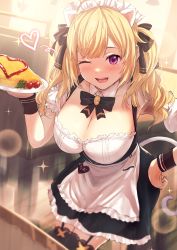 Rule 34 | 1girl, :d, absurdres, animal ears, apron, black dress, black neckwear, black thighhighs, blonde hair, breasts, candy, cat ears, cat tail, cherry tomato, chocolate, chocolate heart, cleavage, commentary request, detached collar, dress, food, garter straps, hair ribbon, hand on own hip, heart, highres, holding, holding food, holding plate, huge filesize, ketchup, large breasts, looking at viewer, maid, maid apron, maid headdress, misaki nonaka, nijisanji, omelet, omurice, one eye closed, open mouth, plate, purple eyes, restaurant, ribbon, smile, solo, spoken heart, standing, tail, takamiya rion, takamiya rion (3rd costume), teeth, thighhighs, tomato, upper teeth only, virtual youtuber, wrist cuffs