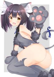 Rule 34 | 1girl, absurdres, alternate costume, animal ears, animal hands, ass, bare shoulders, black hair, breasts, cat ears, cat tail, commentary request, fate/kaleid liner prisma illya, fate (series), from behind, full body, fur-trimmed gloves, fur trim, gloves, grey gloves, grey thighhighs, hair between eyes, hair ornament, hairclip, highres, kaleidostick, leotard, magical girl, miyu edelfelt, paw gloves, paw shoes, rokita, shoes, small breasts, tail, thighhighs, thighs, twintails, yellow eyes