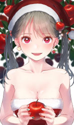 Rule 34 | 1girl, bare shoulders, breasts, christmas, cleavage, collarbone, earrings, food, fruit, grey hair, hami yura, hat, highres, holding, holding food, holding fruit, jewelry, leaf, looking at viewer, nail polish, open mouth, original, red eyes, santa hat, smile, solo focus, twintails, upper body