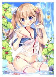 Rule 34 | 1girl, :d, absurdres, blue eyes, blue flower, blush, bra, breasts, cleavage, collarbone, flower, groin, hair between eyes, hair flower, hair ornament, highres, holding, holding hair, kneeling, light brown hair, long hair, looking at viewer, midriff, navel, off shoulder, open mouth, original, panties, pink bra, pink flower, pink panties, ribbon-trimmed bra, ribbon-trimmed panties, see-through, shirt, side-tie panties, small breasts, smile, solo, stomach, suimya, thighhighs, twintails, underwear, very long hair, water, waterfall, wet, wet clothes, wet shirt, white shirt, white thighhighs, yellow flower