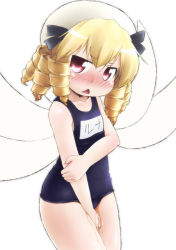 Rule 34 | 1girl, :&lt;, blonde hair, blush, drill hair, eastern and little nature deity, female focus, kusaba, kusaba (kusabashiki), long hair, luna child, one-piece swimsuit, pee, peeing, peeing self, red eyes, school swimsuit, solo, swimsuit, tears, touhou, touhou sangetsusei, triangle mouth, twintails, wings