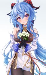 Rule 34 | 1girl, ahoge, bare shoulders, bell, black gloves, black legwear, blue hair, blush, bow, bowtie, breasts, commentary, curled horns, detached sleeves, flower, ganyu (genshin impact), genshin impact, gloves, gold trim, highres, holding, holding flower, horns, kimisoraame, long hair, looking at viewer, medium breasts, multicolored eyes, neck bell, qingxin flower, sidelocks, simple background, smile, solo, thigh gap, thighlet, white background, white flower, white sleeves