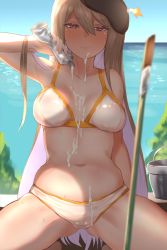 Rule 34 | 1girl, absurdres, bikini, black hat, blue sky, blurry, blurry foreground, blush, breasts, closed mouth, colored inner hair, day, depth of field, grey hair, hair between eyes, half-closed eyes, hand up, hat, highres, holding, large breasts, long hair, looking at viewer, lotion, multicolored hair, navel, ocean, outdoors, red eyes, sky, smile, solo, spread legs, suggestive fluid, swimsuit, unizou, very long hair, viprpg, white bikini