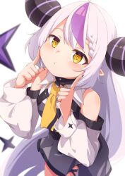 Rule 34 | 1girl, absurdres, ahoge, ascot, bare shoulders, black horns, braid, braided bangs, detached sleeves, fingers to cheeks, grey hair, highres, hololive, horns, la+ darknesss, la+ darknesss (1st costume), long hair, multicolored hair, pointy ears, pout, purple hair, streaked hair, striped horns, tenmon (tenmon0715), virtual youtuber, yellow ascot