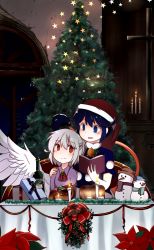 Rule 34 | 2girls, aqua scarf, bell, blue eyes, blue hair, book, bottle, bow, bowtie, box, buna shimeji (keymush), candle, candlelight, chicken (food), christmas, christmas tree, commentary request, doremy sweet, dress, feathered wings, flower, food, gift, gift box, half updo, hat, kishin sagume, multiple girls, nightcap, open mouth, pom pom (clothes), pumpkin, purple dress, purple scarf, red bow, red bowtie, red eyes, red flower, red ribbon, ribbon, scarf, short hair, short sleeves, side ahoge, single wing, smile, snowman, star (symbol), tail, touhou, white hair, white wings, window, wings