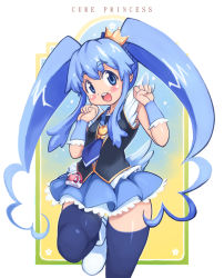 Rule 34 | 10s, 1girl, blue eyes, blue hair, blush, brooch, character name, crown, cure princess, happinesscharge precure!, heart, heart brooch, long hair, magical girl, matching hair/eyes, open mouth, precure, shirayuki hime, skirt, solo, thighhighs, twintails, yu 3