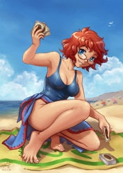 Rule 34 | 1girl, armpits, barefoot, beach, blue eyes, breasts, card, cleavage, day, feet, glasses, legs, maxa&#039;, messy hair, ocean, one-piece swimsuit, orange hair, sarong, short hair, sky, smile, solo, swimsuit, toes, water