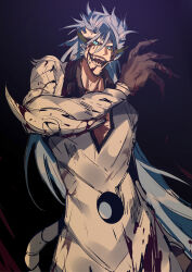 Rule 34 | 1boy, absurdres, bleach, blood, blood on clothes, blood on face, blood on hands, blue eyes, blue hair, claws, dark background, glowing, glowing eyes, grimmjow jaegerjaquez, hand up, highres, light blue hair, long hair, male focus, monster boy, open mouth, sharp teeth, solo, teeth, xi luo an ya