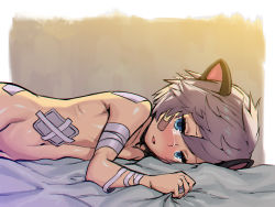 Rule 34 | 1boy, animal ears, bad id, bad pixiv id, bandages, bed sheet, blue eyes, brown hair, crying, crying with eyes open, eyelashes, gradient background, harabacho (gkfkqkch1), looking at viewer, lying, male focus, navel, nude, on side, open mouth, original, out-of-frame censoring, sheet grab, solo, tears