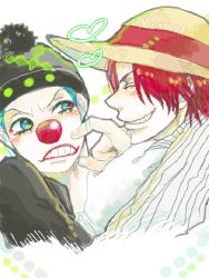 Rule 34 | 2boys, blue hair, buggy the clown, hat, male focus, multiple boys, one piece, pinching, red hair, shanks (one piece), smile, straw hat, aged down